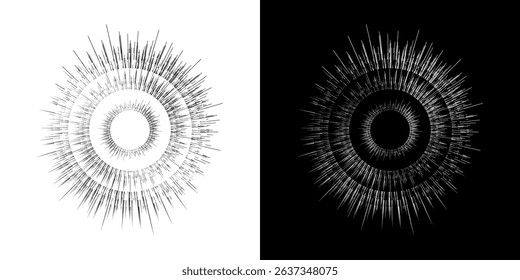 Dynamic abstract spiral sound wave rhythm lines. Circular spiral sound wave rhythm of lines. Circular futuristic abstract lines, black and white background.	
