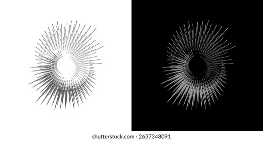 Dynamic abstract spiral sound wave rhythm lines. Circular spiral sound wave rhythm of lines. Circular futuristic abstract lines, black and white background.	
