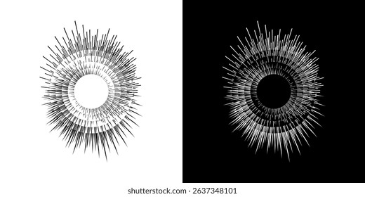 Dynamic abstract spiral sound wave rhythm lines. Circular spiral sound wave rhythm of lines. Circular futuristic abstract lines, black and white background.	
