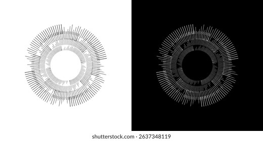Dynamic abstract spiral sound wave rhythm lines. Circular spiral sound wave rhythm of lines. Circular futuristic abstract lines, black and white background.	

