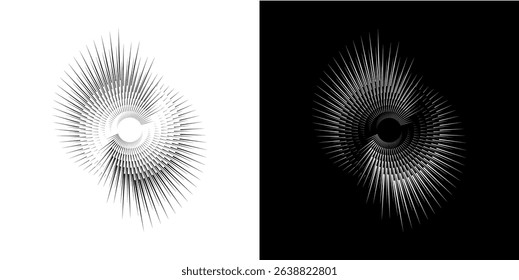 Dynamic abstract spiral sound wave rhythm lines. Circular spiral sound wave rhythm of lines. Circular futuristic abstract lines, black and white background.	