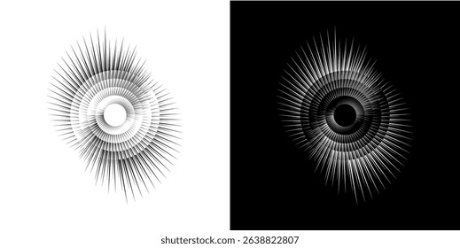 Dynamic abstract spiral sound wave rhythm lines. Circular spiral sound wave rhythm of lines. Circular futuristic abstract lines, black and white background.	
