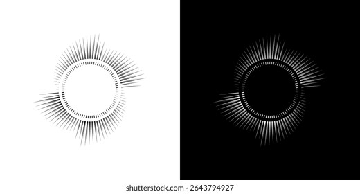 Dynamic abstract spiral sound wave rhythm lines. Circular spiral sound wave rhythm of lines. Circular futuristic abstract lines, black and white background.