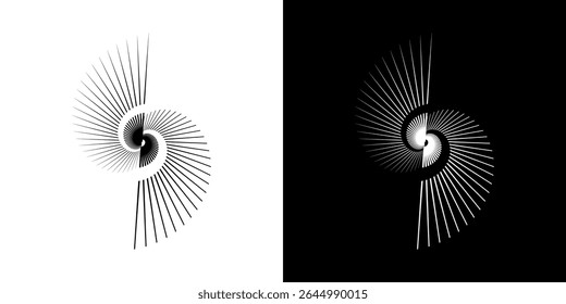 Dynamic abstract spiral sound wave rhythm lines. Circular spiral sound wave rhythm of lines. Circular futuristic abstract lines, black and white background.	

