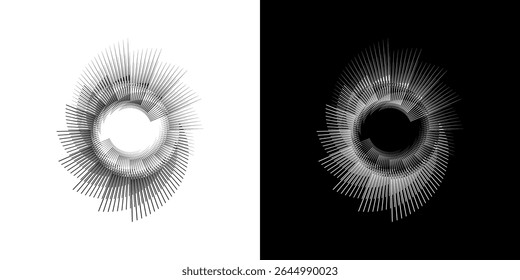 Dynamic abstract spiral sound wave rhythm lines. Circular spiral sound wave rhythm of lines. Circular futuristic abstract lines, black and white background.	
