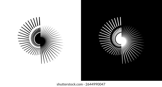 Líneas dinámicas abstractas del ritmo de ondas de sonido en espiral. Onda de sonido circular en espiral con ritmo de líneas. Líneas abstractas futuristas circulares, fondo blanco y negro.	
