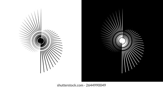 Linhas de ritmo de onda de som espiral abstrata dinâmica. Ritmo de onda de som espiral circular de linhas. Linhas abstratas futuristas circulares, fundo preto e branco.	
