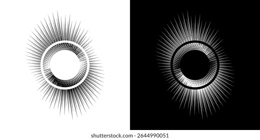Dynamic abstract spiral sound wave rhythm lines. Circular spiral sound wave rhythm of lines. Circular futuristic abstract lines, black and white background.	
