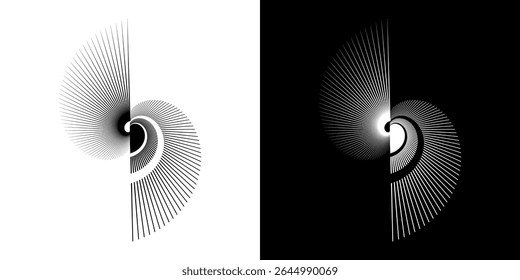 Dynamic abstract spiral sound wave rhythm lines. Circular spiral sound wave rhythm of lines. Circular futuristic abstract lines, black and white background.	
