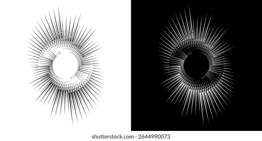 Líneas dinámicas abstractas del ritmo de ondas de sonido en espiral. Onda de sonido circular en espiral con ritmo de líneas. Líneas abstractas futuristas circulares, fondo blanco y negro.	
