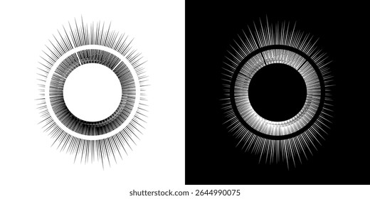 Líneas dinámicas abstractas del ritmo de ondas de sonido en espiral. Onda de sonido circular en espiral con ritmo de líneas. Líneas abstractas futuristas circulares, fondo blanco y negro.	
