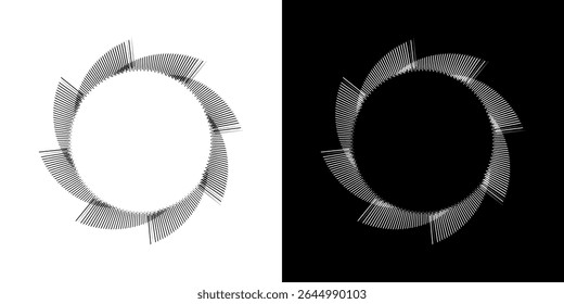 Linhas de ritmo de onda de som espiral abstrata dinâmica. Ritmo de onda de som espiral circular de linhas. Linhas abstratas futuristas circulares, fundo preto e branco.	
