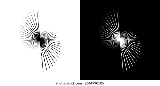 Dynamic abstract spiral sound wave rhythm lines. Circular spiral sound wave rhythm of lines. Circular futuristic abstract lines, black and white background.	
