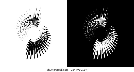 Dynamic abstract spiral sound wave rhythm lines. Circular spiral sound wave rhythm of lines. Circular futuristic abstract lines, black and white background.	

