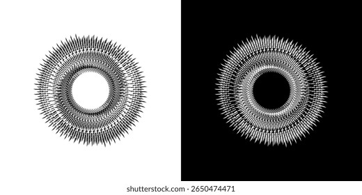 Dynamic abstract spiral sound wave rhythm lines. Circular spiral sound wave rhythm of lines. Circular futuristic abstract lines, black and white background.	