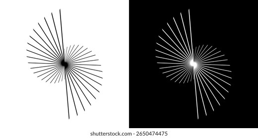 Linhas de ritmo de onda de som espiral abstrata dinâmica. Ritmo de onda de som espiral circular de linhas. Linhas abstratas futuristas circulares, fundo preto e branco.	