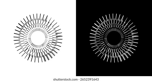 Linhas de ritmo de onda de som espiral abstrata dinâmica. Ritmo de onda de som espiral circular de linhas. Linhas abstratas futuristas circulares, fundo preto e branco.	