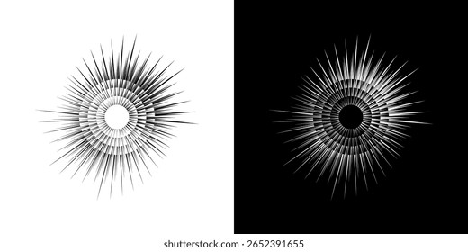 Líneas dinámicas abstractas del ritmo de ondas de sonido en espiral. Onda de sonido circular en espiral con ritmo de líneas. Líneas abstractas futuristas circulares, fondo blanco y negro.	