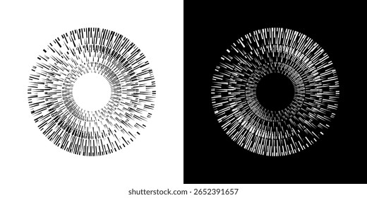 Líneas dinámicas abstractas del ritmo de ondas de sonido en espiral. Onda de sonido circular en espiral con ritmo de líneas. Líneas abstractas futuristas circulares, fondo blanco y negro.	