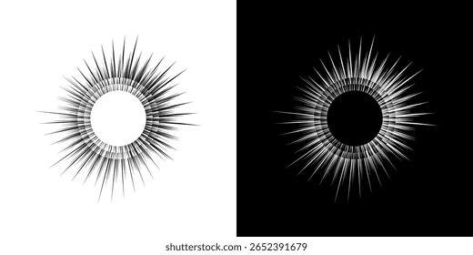 Dynamic abstract spiral sound wave rhythm lines. Circular spiral sound wave rhythm of lines. Circular futuristic abstract lines, black and white background.	