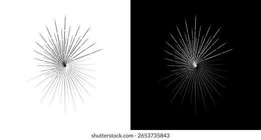 Líneas dinámicas abstractas del ritmo de ondas de sonido en espiral. Onda de sonido circular en espiral con ritmo de líneas. Líneas abstractas futuristas circulares, fondo blanco y negro.	