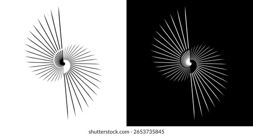 Dynamic abstract spiral sound wave rhythm lines. Circular spiral sound wave rhythm of lines. Circular futuristic abstract lines, black and white background.	