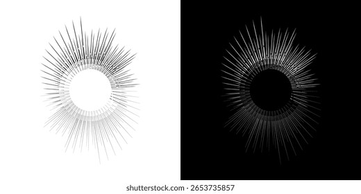 Dynamische abstrakte Spiral-Schallwellen-Rhythmuslinien. Kreisförmige Spirale Schallwelle Rhythmus von Linien. Zirkuläre futuristische abstrakte Linien, schwarz-weißer Hintergrund.	