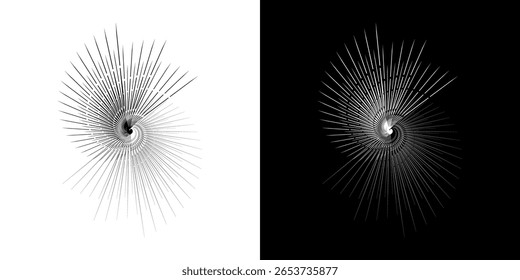 Dynamische abstrakte Spiral-Schallwellen-Rhythmuslinien. Kreisförmige Spirale Schallwelle Rhythmus von Linien. Zirkuläre futuristische abstrakte Linien, schwarz-weißer Hintergrund.	