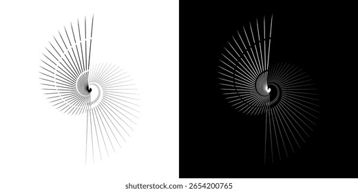 Líneas dinámicas abstractas del ritmo de ondas de sonido en espiral. Onda de sonido circular en espiral con ritmo de líneas. Líneas abstractas futuristas circulares, fondo blanco y negro.	