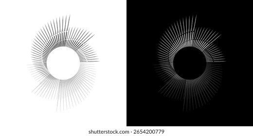 Dynamic abstract spiral sound wave rhythm lines. Circular spiral sound wave rhythm of lines. Circular futuristic abstract lines, black and white background.	
