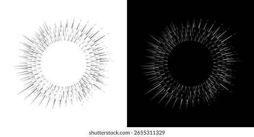 Líneas dinámicas abstractas del ritmo de ondas de sonido en espiral. Onda de sonido circular en espiral con ritmo de líneas. Líneas abstractas futuristas circulares, fondo blanco y negro.	