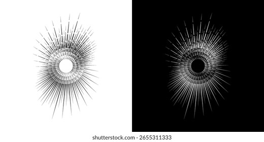 Líneas dinámicas abstractas del ritmo de ondas de sonido en espiral. Onda de sonido circular en espiral con ritmo de líneas. Líneas abstractas futuristas circulares, fondo blanco y negro.	