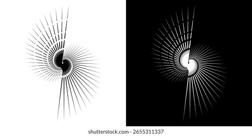 Líneas dinámicas abstractas del ritmo de ondas de sonido en espiral. Onda de sonido circular en espiral con ritmo de líneas. Líneas abstractas futuristas circulares, fondo blanco y negro.	