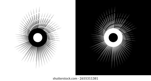 Líneas dinámicas abstractas del ritmo de ondas de sonido en espiral. Onda de sonido circular en espiral con ritmo de líneas. Líneas abstractas futuristas circulares, fondo blanco y negro.	