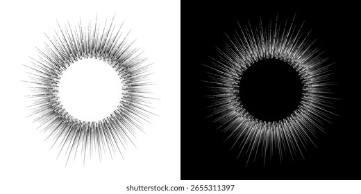 Dynamic abstract spiral sound wave rhythm lines. Circular spiral sound wave rhythm of lines. Circular futuristic abstract lines, black and white background.	