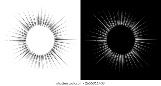 Líneas dinámicas abstractas del ritmo de ondas de sonido en espiral. Onda de sonido circular en espiral con ritmo de líneas. Líneas abstractas futuristas circulares, fondo blanco y negro.	