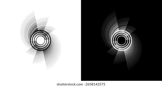 Dynamic abstract spiral sound wave rhythm lines. Circular spiral sound wave rhythm of lines. Circular futuristic abstract lines, black and white background.	