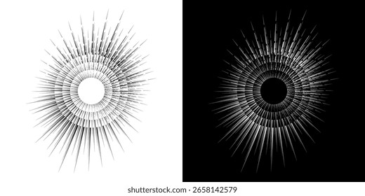 Linhas de ritmo de onda de som espiral abstrata dinâmica. Ritmo de onda de som espiral circular de linhas. Linhas abstratas futuristas circulares, fundo preto e branco.	