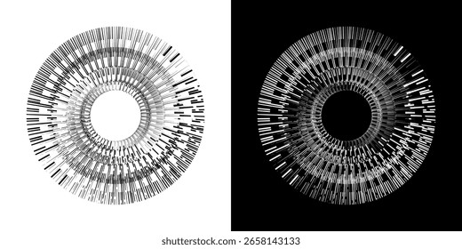 Líneas dinámicas abstractas del ritmo de ondas de sonido en espiral. Onda de sonido circular en espiral con ritmo de líneas. Líneas abstractas futuristas circulares, fondo blanco y negro.	