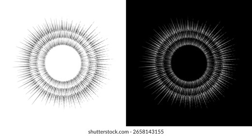 Dynamic abstract spiral sound wave rhythm lines. Circular spiral sound wave rhythm of lines. Circular futuristic abstract lines, black and white background.	