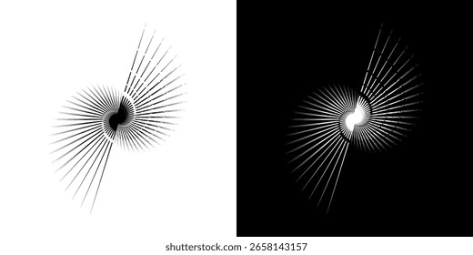 Dynamische abstrakte Spiral-Schallwellen-Rhythmuslinien. Kreisförmige Spirale Schallwelle Rhythmus von Linien. Zirkuläre futuristische abstrakte Linien, schwarz-weißer Hintergrund.	