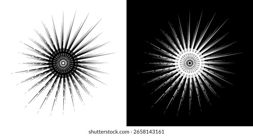 Líneas dinámicas abstractas del ritmo de ondas de sonido en espiral. Onda de sonido circular en espiral con ritmo de líneas. Líneas abstractas futuristas circulares, fondo blanco y negro.	