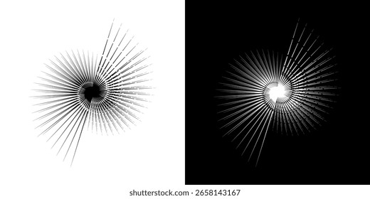 Linhas de ritmo de onda de som espiral abstrata dinâmica. Ritmo de onda de som espiral circular de linhas. Linhas abstratas futuristas circulares, fundo preto e branco.	