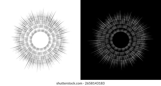 Linhas de ritmo de onda de som espiral abstrata dinâmica. Ritmo de onda de som espiral circular de linhas. Linhas abstratas futuristas circulares, fundo preto e branco.	