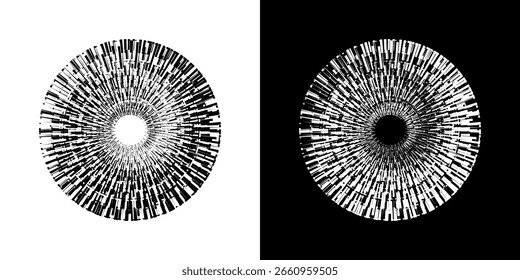 Dynamic abstract spiral sound wave rhythm lines. Circular spiral sound wave rhythm of lines. Circular futuristic abstract lines, black and white background.	
