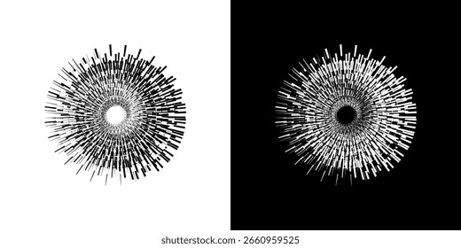 Linhas de ritmo de onda de som espiral abstrata dinâmica. Ritmo de onda de som espiral circular de linhas. Linhas abstratas futuristas circulares, fundo preto e branco.	
