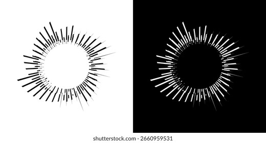 Linhas de ritmo de onda de som espiral abstrata dinâmica. Ritmo de onda de som espiral circular de linhas. Linhas abstratas futuristas circulares, fundo preto e branco.	
