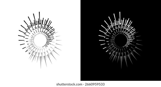 Dynamic abstract spiral sound wave rhythm lines. Circular spiral sound wave rhythm of lines. Circular futuristic abstract lines, black and white background.	
