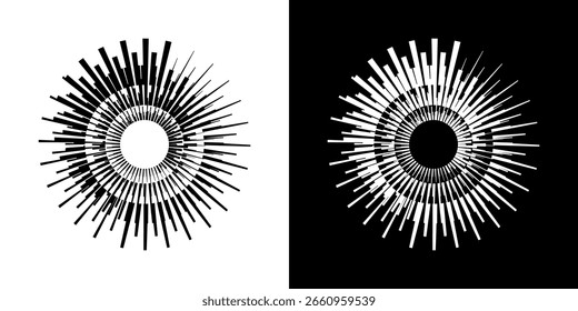 Dynamic abstract spiral sound wave rhythm lines. Circular spiral sound wave rhythm of lines. Circular futuristic abstract lines, black and white background.	
