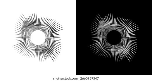Líneas dinámicas abstractas del ritmo de ondas de sonido en espiral. Onda de sonido circular en espiral con ritmo de líneas. Líneas abstractas futuristas circulares, fondo blanco y negro.	
